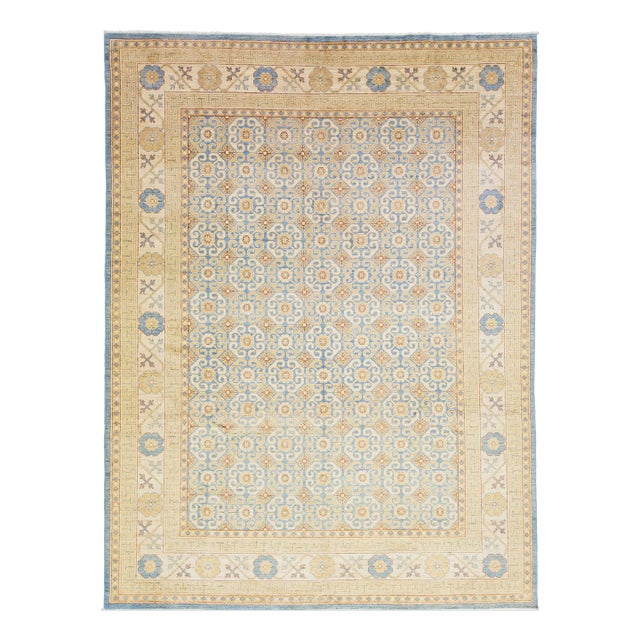 Handmade Modern Khotan Wool Rug With Allover Design in Beige and Blue For Sale