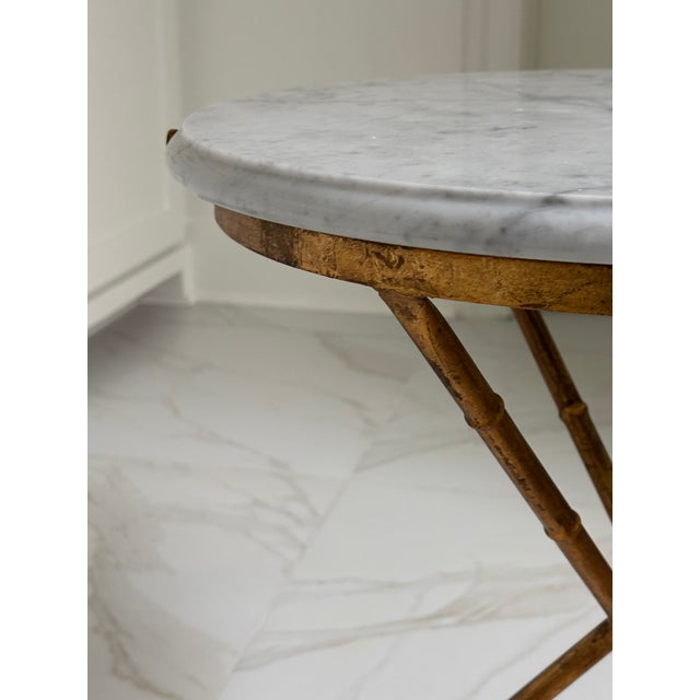 Gold Vintage Gilt Faux Bamboo Tripod Base Gueridon Drinks Table / Side Table With Carrara Marble Top For Sale - Image 8 of 18