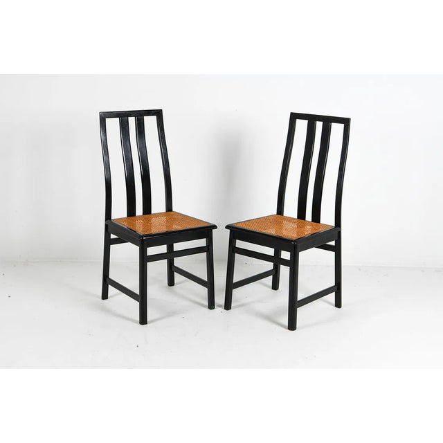1970s Italian Black Lacquered Cane Seat Dining Chairs in Manner of Motina, Set of Eight For Sale - Image 4 of 8