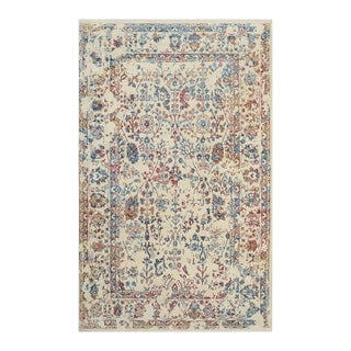8x10 Ivory Machine Made Wool Viscose Faded Floral Border Geometric Carpet Rug For Sale