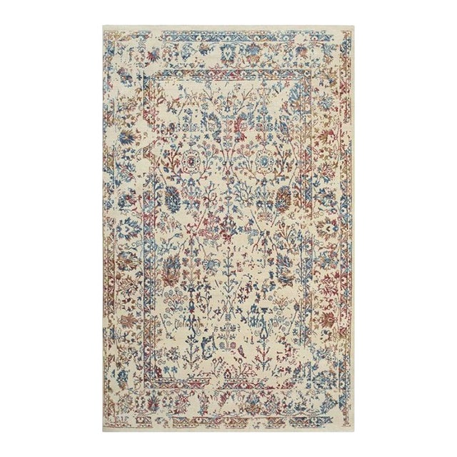 8x10 Ivory Machine Made Wool Viscose Faded Floral Border Geometric Carpet Rug For Sale