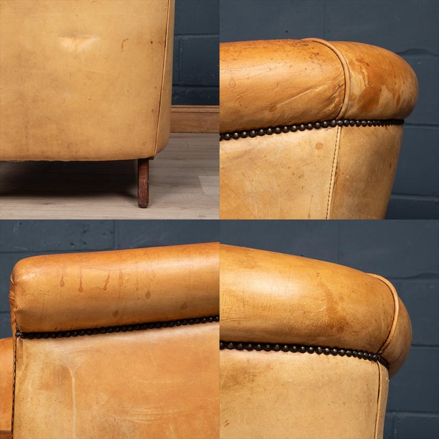 Set of 20th Century Dutch Sheepskin Leather Tub Chair & Footstool For Sale - Image 10 of 13