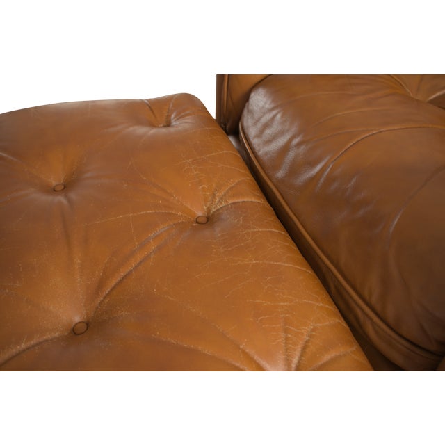 Brown 1970s "Classic Leather" Top Grain Tufted Chair & Ottoman With Brass Casters, Made in Usa For Sale - Image 8 of 9