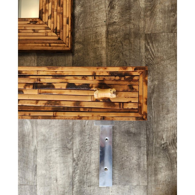 Rare Vintage Burnt Bamboo Floating Console Table and Wall Mirror For Sale In New York - Image 6 of 12