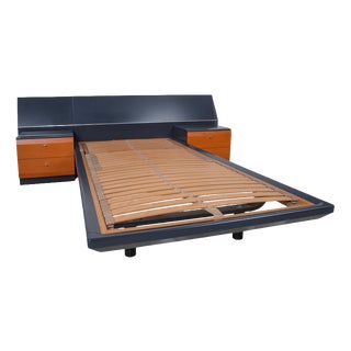 Wooden Bed in Dark Blue with 2 Bedside Tables from Interlübke For Sale