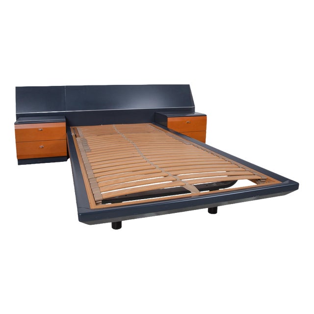 Wooden Bed in Dark Blue with 2 Bedside Tables from Interlübke For Sale