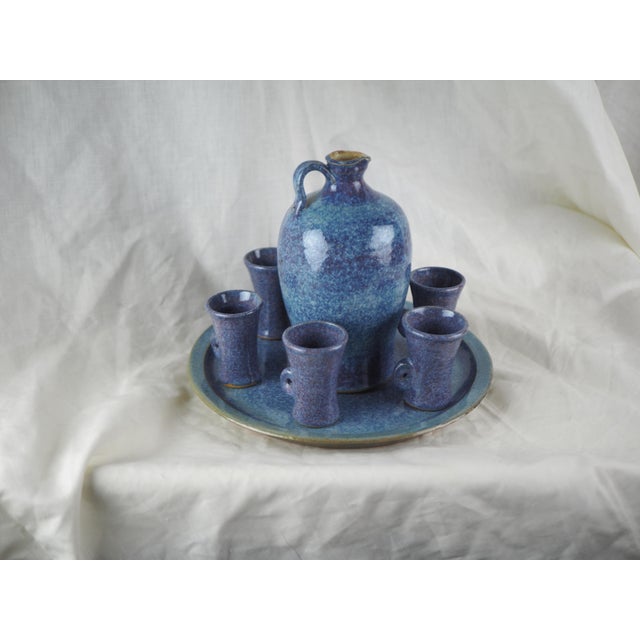 Late 20th French Cottage Blue Ceramic Liquor Set - One Decanter, Six Goblets, One Plate- 8 Pieces For Sale - Image 6 of 12
