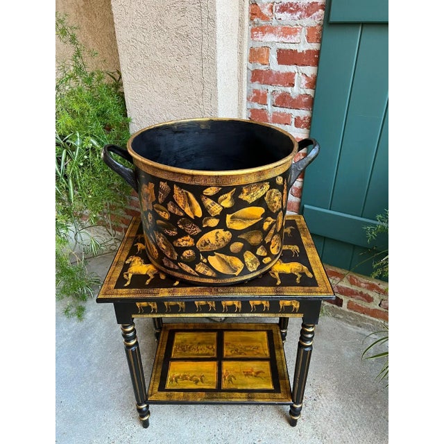Large Antique English Planter Cachepot Black Metal Lacquer Shell Decoupage C1890 For Sale - Image 13 of 18