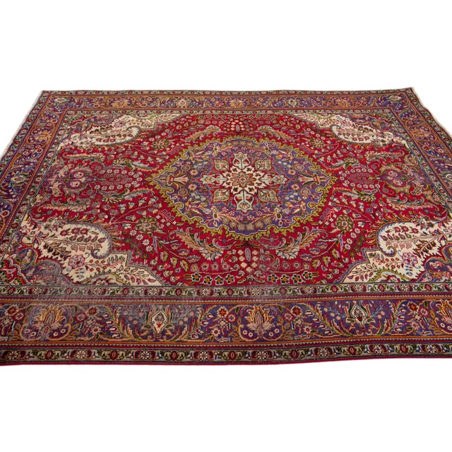 1960s 1960s Vintage Persian Tabriz Handmade Medallion Red Wool Rug For Sale - Image 5 of 7