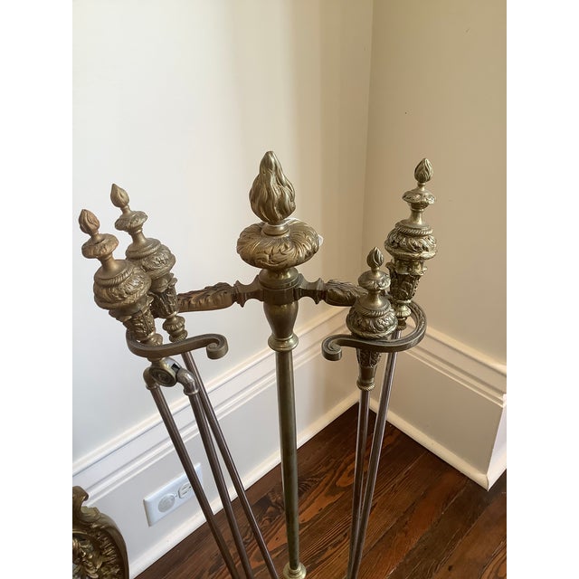 French solid brass fireplace screen and tool set, Mid 19th century. Good protection from wood burning or gas fireplace and...