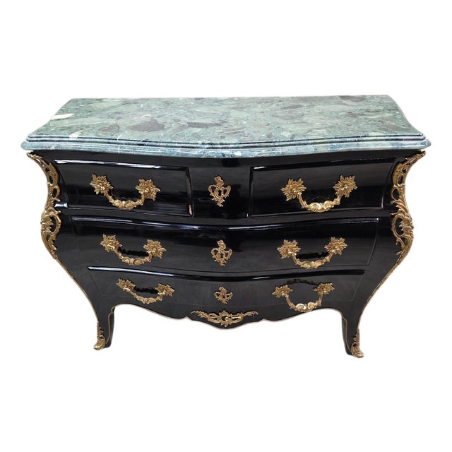 Vintage French Louis XV Style Black Lacquer Bombe Commode For Sale
