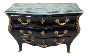 Vintage French Louis XV Style Black Lacquer Bombe Commode