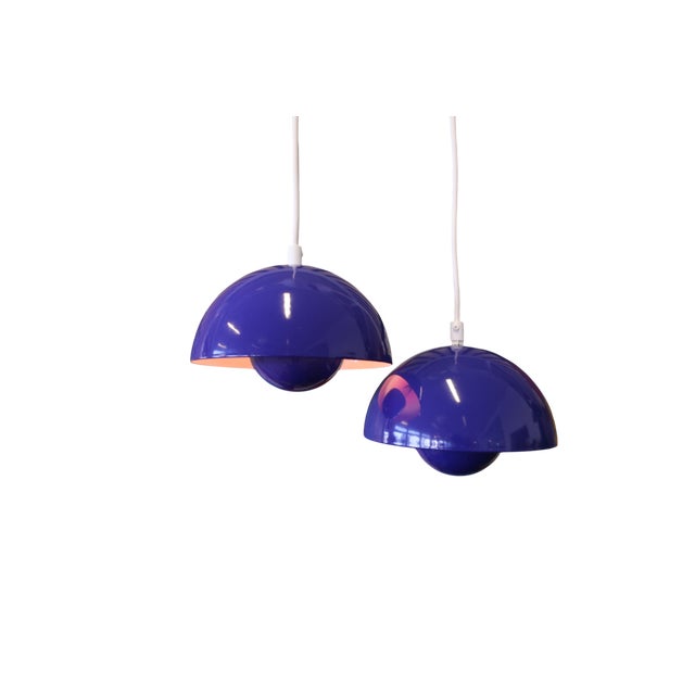 Vintage Pendant Lamp in Cobalt Blue Metal and Red Inside Cup by Verner Panton for Louis Poulsen, 1960s, Set of 2 For Sale - Image 13 of 16