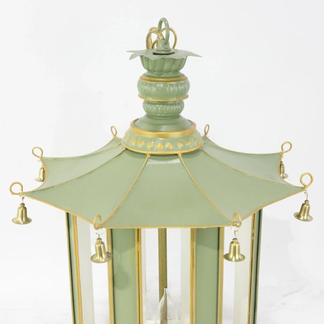 Chinoiserie Vintage Green and Gold Chinoiserie Pagoda Tole Chandelier With Hanging Bells For Sale - Image 3 of 17
