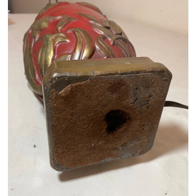 Antique Heavy Bronze Clad Polychromed Red Flower Relief Electric Table Lamp For Sale - Image 11 of 11