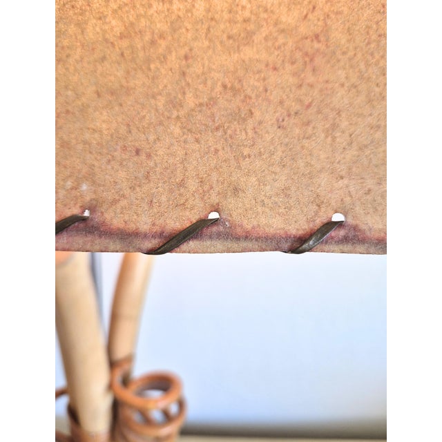 Wood Vintage Mid Century Boho Chic Rattan Lamp With Rawhide Whipstitch Shade 1940's Large Cabin Old Florida Cottage Boho For Sale - Image 7 of 11