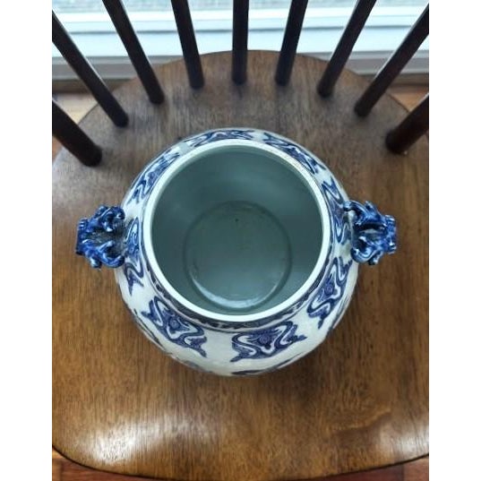 Asian Vintage Chinese Blue and White Porcelain Signed Vase | 10in. Wide, 8in. Deep and 10in. Tall | $100 | Dm to Purchase For Sale - Image 3 of 7