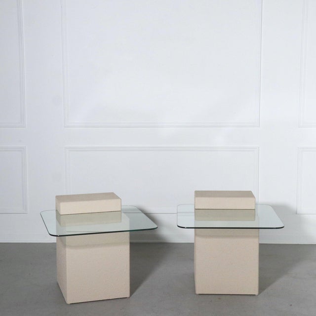 Glass Post Modern Textured Plaster and Cantilevered Glass Side Tables - a Pair For Sale - Image 7 of 8