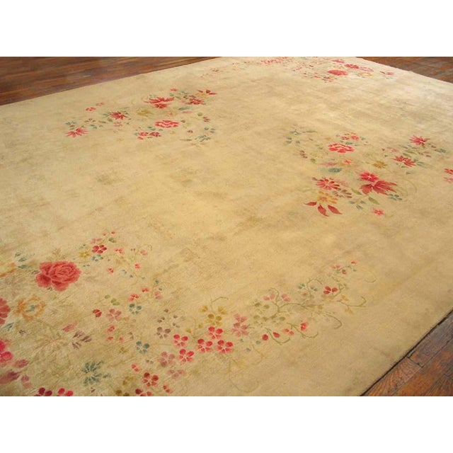 Art Deco 1920s Tan Khaki Floral Antique Chinese Art Deco Rug 10'0" X 13'4" Knotted Wool Carpet For Sale - Image 3 of 5