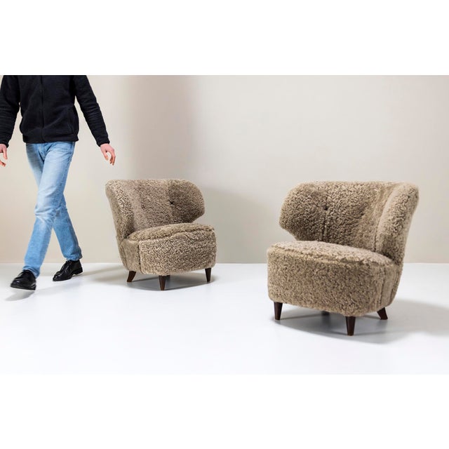 Set of Boman Club Chairs in Sheepskin by Carl-Johan for Oy Boman Ab, Finland, 1940s For Sale - Image 4 of 17