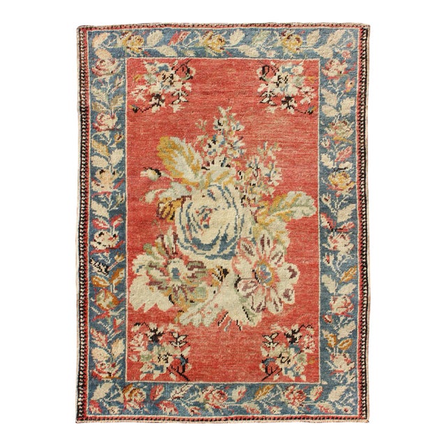 Vintage Turkish Oushak Carpet With Bouquets of Colorful Flowers in Red and Teal 3'9"x5'5" For Sale