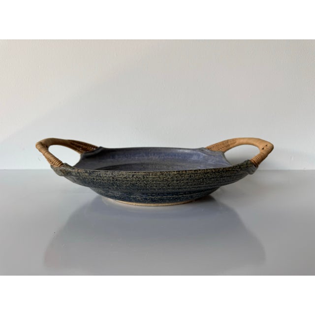 1980’s Jensen Art Studio Stoneware Wall Plate / Bowl With Woven Wicker Handles For Sale - Image 4 of 12