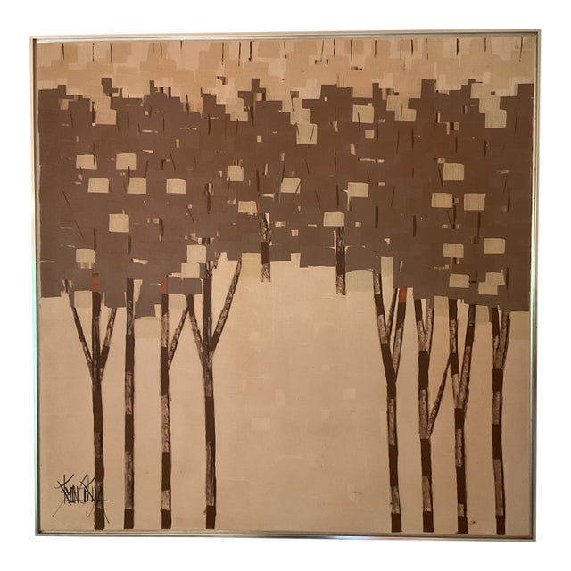 Mid 20th Century Kim Kyoung Signed Modernist Abstract Tree Grove Painting on Canvas, 41" X 41" For Sale