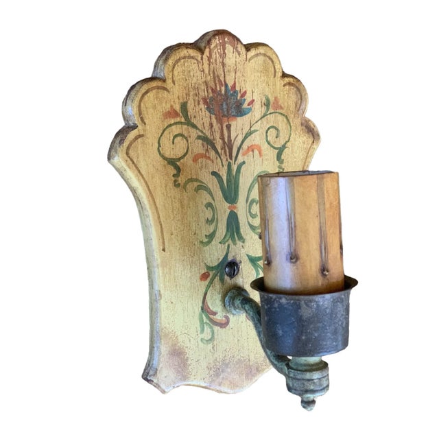 Wood 1920s Wood and Brass Original Hand-Painted Wall Sconces - a Pair For Sale - Image 7 of 13