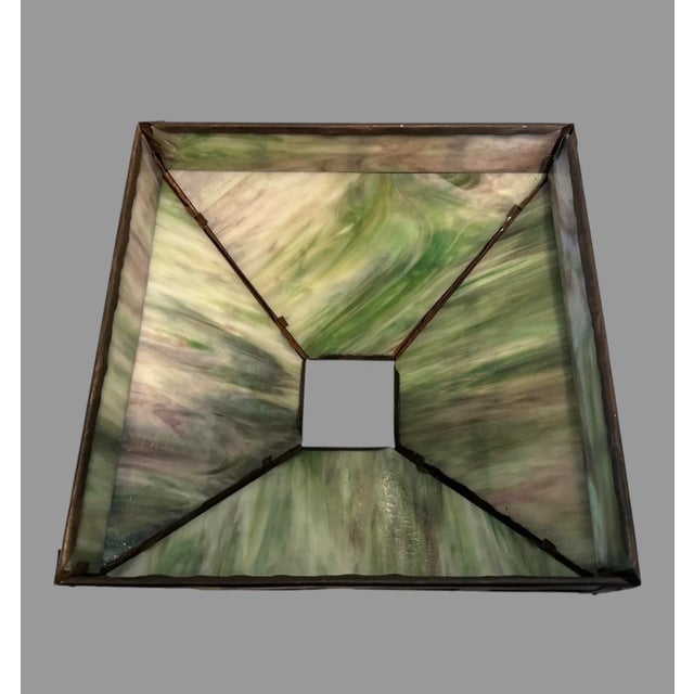 Early 20th Century Mission Arts & Crafts Style Metal Framed Slag Glass Table Lamp With Oak Base For Sale - Image 9 of 12