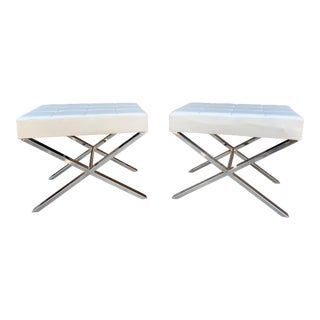 Modern White Leather and Chrome X Benches For Sale