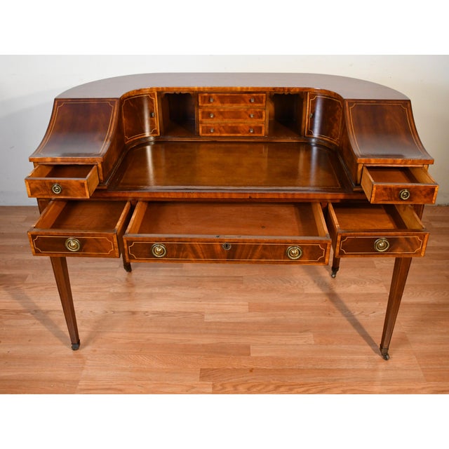 1930s English Regency Mahogany Inlaid & Leather Top Carlton Writing Desk For Sale - Image 11 of 18