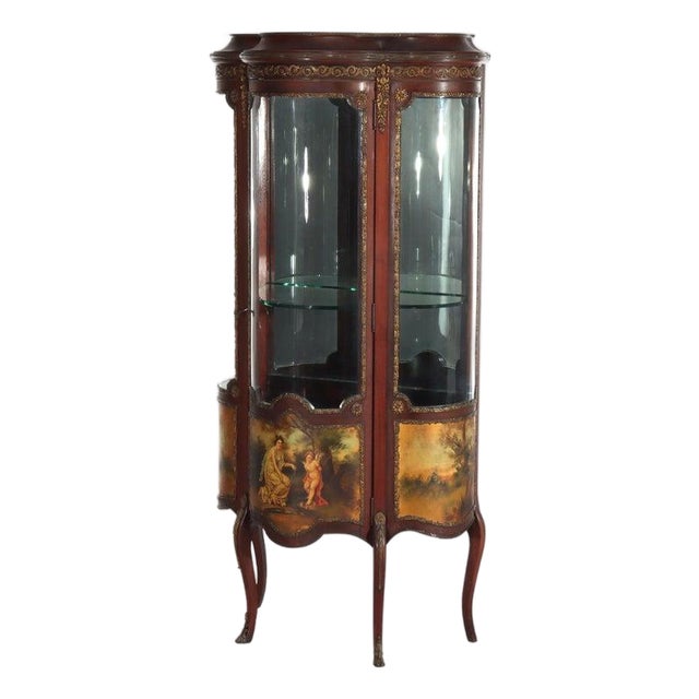 Antique French Mahogany & Ormolu Vitrine With Vernis Martin Panels Circa 1890 For Sale