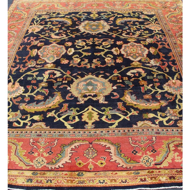 Late 19th Century Antique Persian Sultanabad Carpet in Navy Blue Background and Rose Red Border 10'5 X 13' For Sale - Image 5 of 18