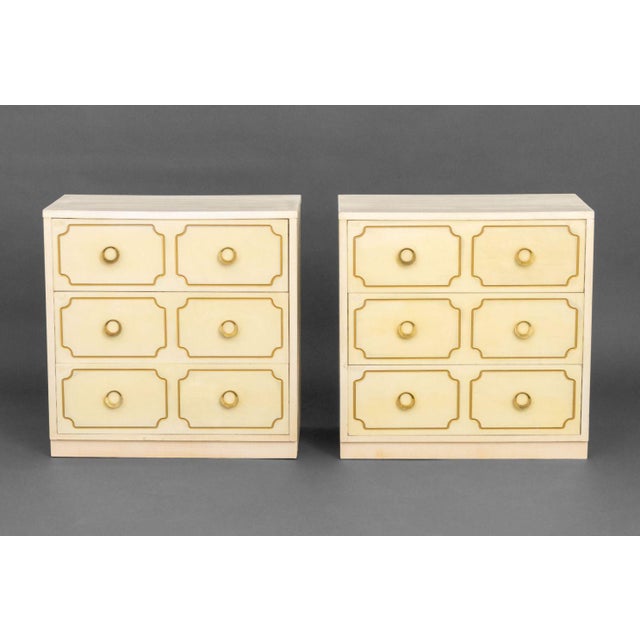Pair of Dorothy Draper Style White Painted Chests of Drawers, each with three drawers and brass handles. 30" H x 29.75" W...