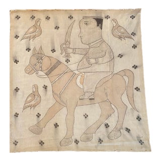 Vintage Indian Hand-Painted Cotton Wall Hanging With Horseman Motif, 44” For Sale