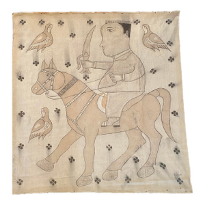 Vintage Indian Hand-Painted Cotton Wall Hanging With Horseman Motif, 44”