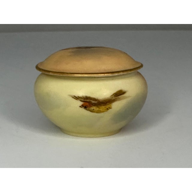 Royal Worcester Blush Ivory Miniature Pot: Hand-Painted Robin, c. 1905 For Sale - Image 6 of 10