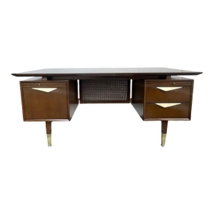 Executive Walnut Desk With Brass & Cane Details. Denmark, 1960's.