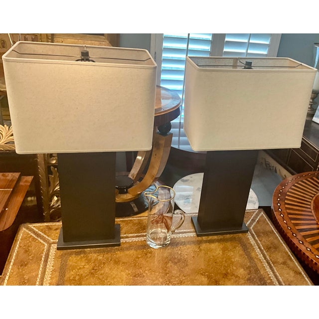 Restoration Hardware Pair of Restoration Hardware Rectangular Column Table Lamps Bronze Finish, With Rh Sand Linen Shades White Lining For Sale - Image 4 of 6