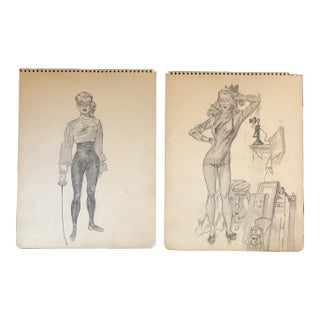 1950’s 2 Charcoal Drawing Illustrations of a Woman - A Pair For Sale