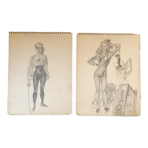 1950’s 2 Charcoal Drawing Illustrations of a Woman - A Pair