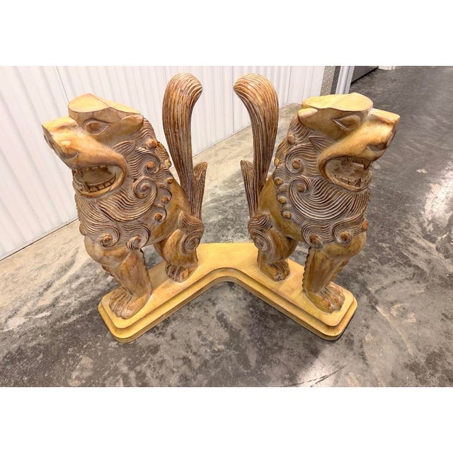 Japanese Vintage Hand Carved Architectural Chinese Guardian Lions “Foo Dogs” Console Table Circa 1970s For Sale - Image 3 of 9