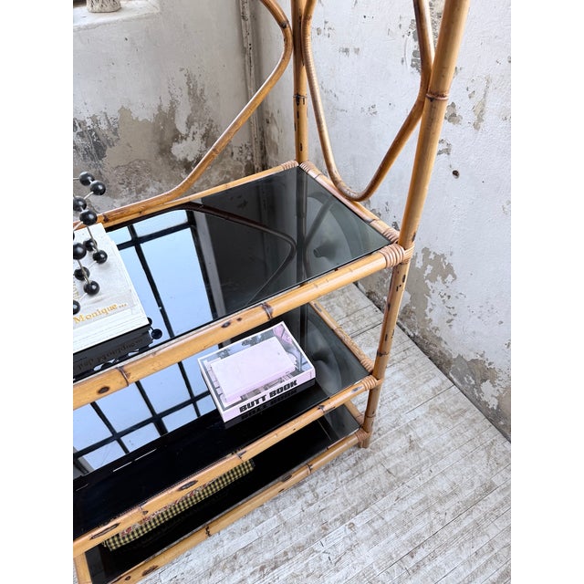 Rattan and Black Glass Bookcase, 1960s For Sale - Image 17 of 18