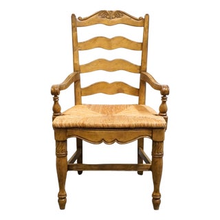 High End Vintage Solid Rubberwood Country French Ladderback Dining Arm Chair W. Rush Seat For Sale