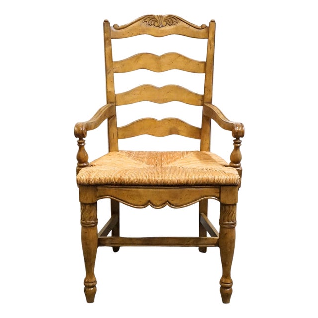 High End Vintage Solid Rubberwood Country French Ladderback Dining Arm Chair W. Rush Seat For Sale