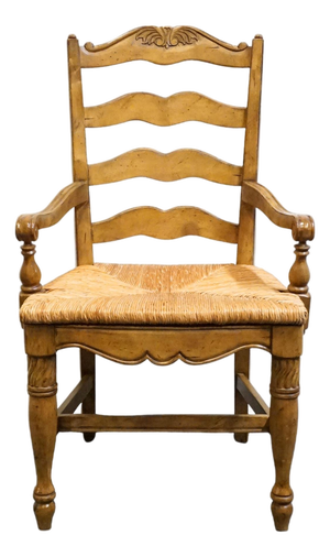 High End Vintage Solid Rubberwood Country French Ladderback Dining Arm Chair W. Rush Seat