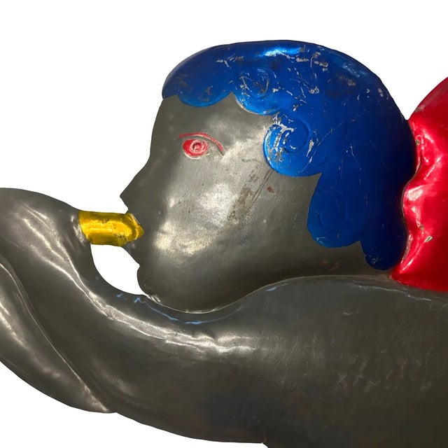 Folk Art Large and Rare Vintage Mexican Tin Folk Art Angels – 24″ Hand-Painted Trumpet Wall Pair For Sale - Image 3 of 11