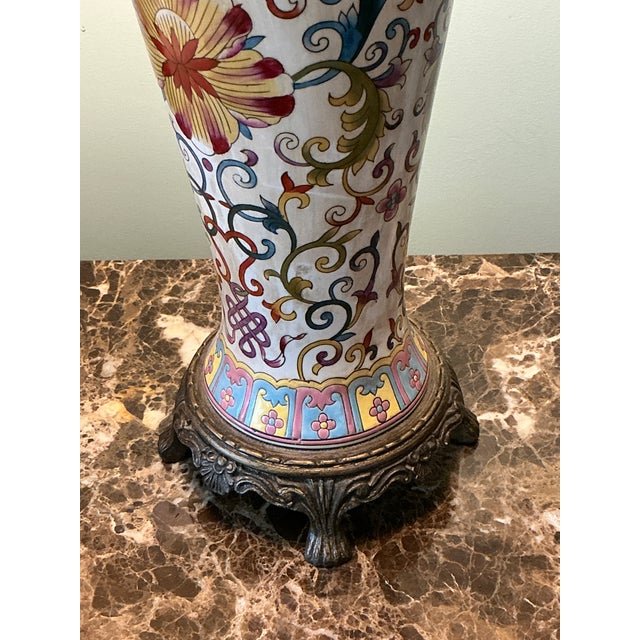 1970s Bombay Table Lamps Porcelain White Floral Oriental Accent Fringe Shades Set of 2 For Sale - Image 10 of 17