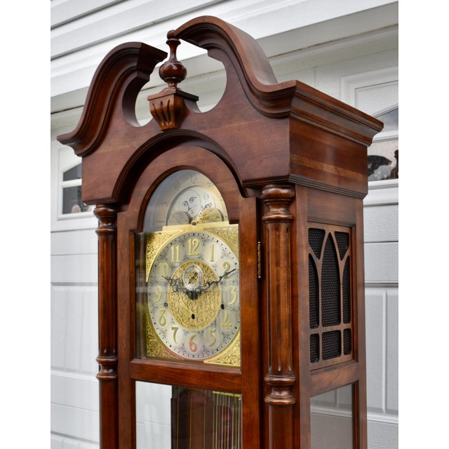 Ridgeway Grandfather Clock Wood Brass Dial Moving Moon Phase Windsor Cherry For Sale - Image 11 of 18