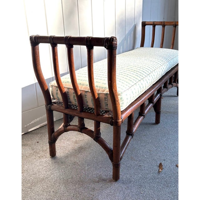 1960s Brown Rattan Caned Long Bench W/ Cusion For Sale - Image 5 of 8